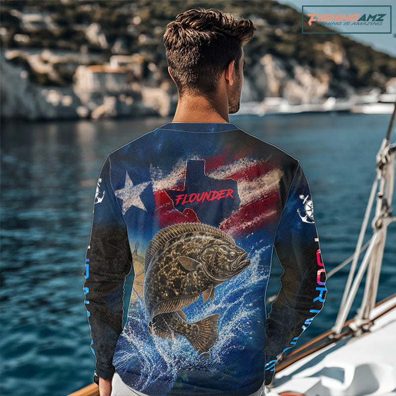 Texas Flag Flounder Long Sleeve Fishing Jersey, Flounder Saltwater Performance UV Shirt For Men NHT1182