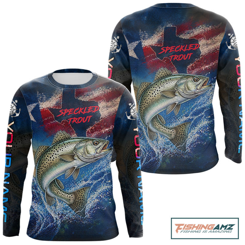 Design Texas Flag Speckled Trout Long Sleeve Fishing Jersey, Trout Saltwater Performance UV Shirt For Men