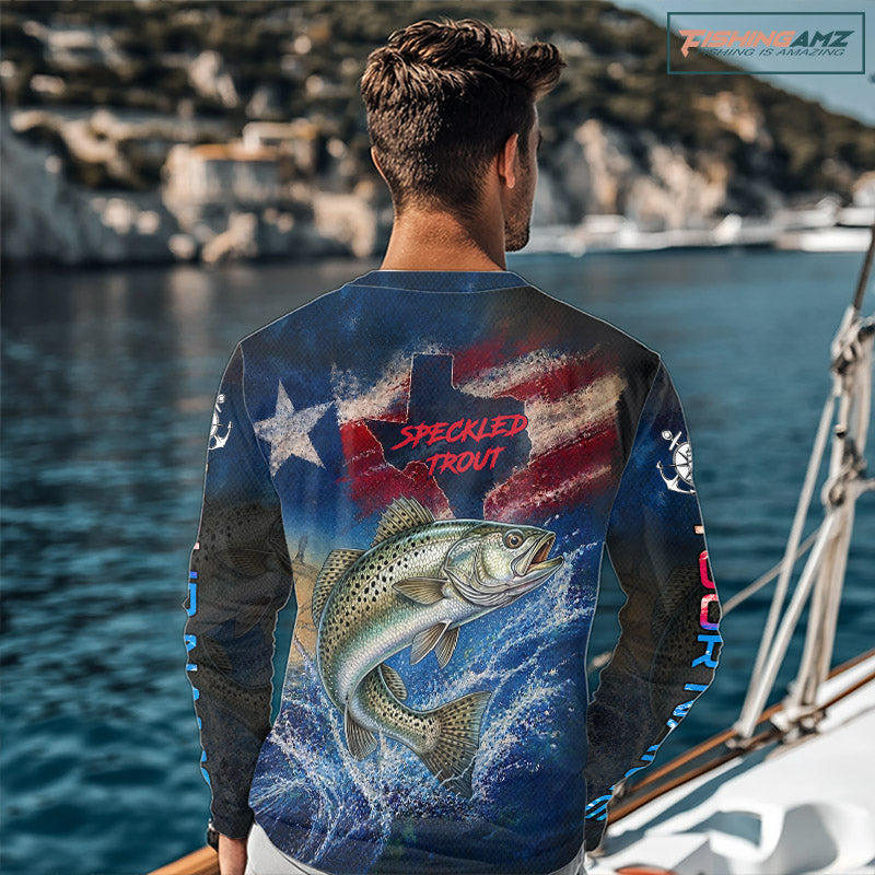 Texas Flag Speckled Trout Long Sleeve Hooded Fishing Jersey, Trout Saltwater Performance UV Shirt For Men