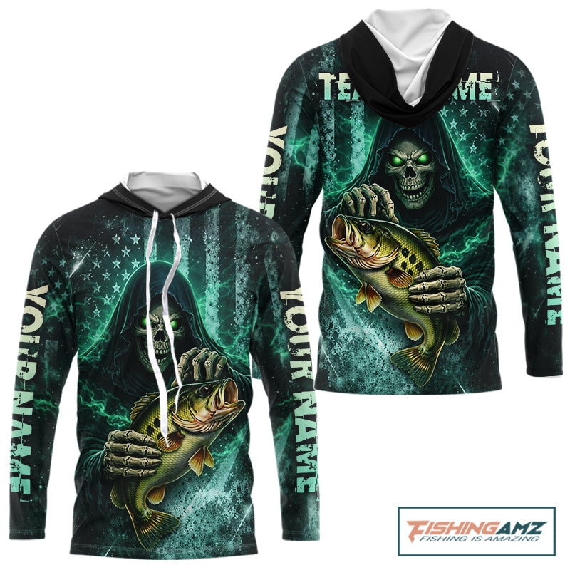 Custom Team Name Grim Reaper Bass Fishing With American Flag - Hooded Patriotic Bass Fishing Jersey