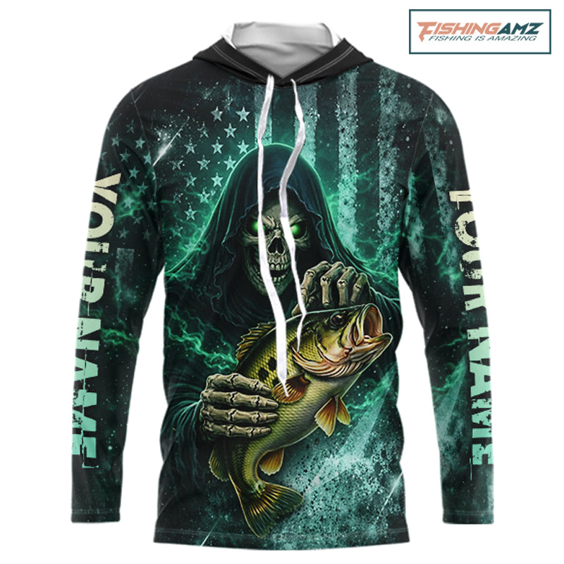 Custom Team Name Grim Reaper Bass Fishing With American Flag - Hooded Patriotic Bass Fishing Jersey