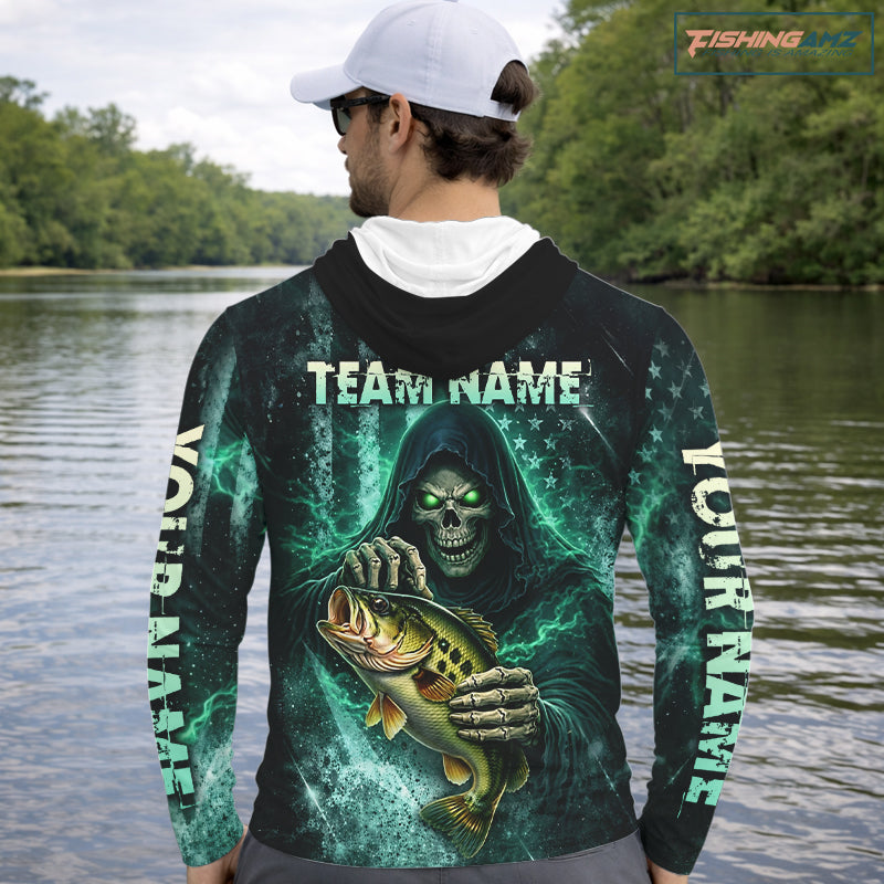 Custom Team Name Grim Reaper Bass Fishing With American Flag - Hooded Patriotic Bass Fishing Jersey NHT515