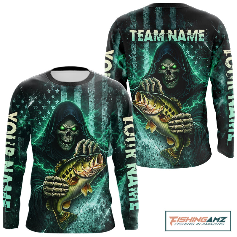 Custom Team Name Grim Reaper Bass Fishing With American Flag - Patriotic Bass Fishing Jersey