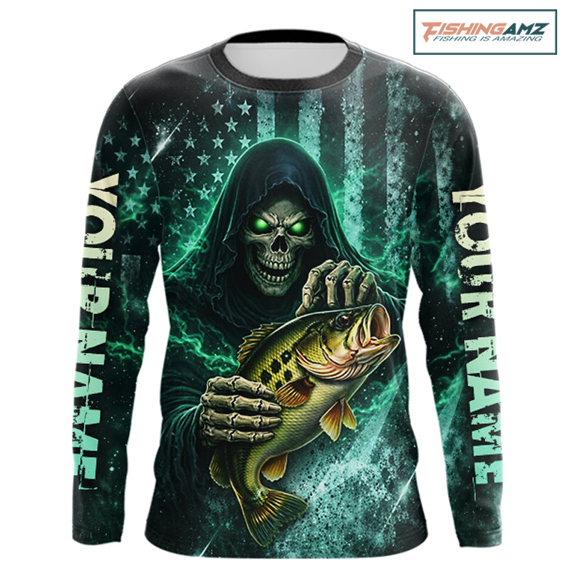 Custom Team Name Grim Reaper Bass Fishing With American Flag - Patriotic Bass Fishing Jersey