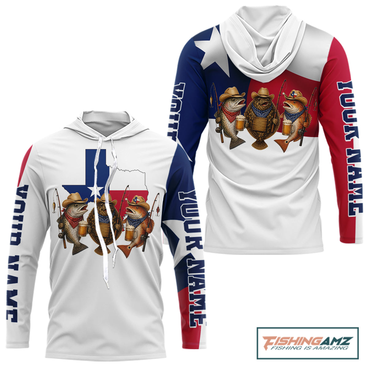 Funny Cowboy Trout, Flounder, Redfish Texas Flag Long Sleeve Hooded Fishing Shirts Apparel|White