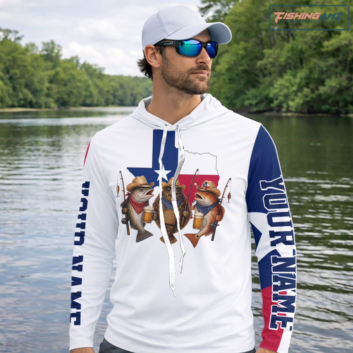 Funny Cowboy Trout, Flounder, Redfish Texas Flag Long Sleeve Hooded Fishing Shirts Apparel|White