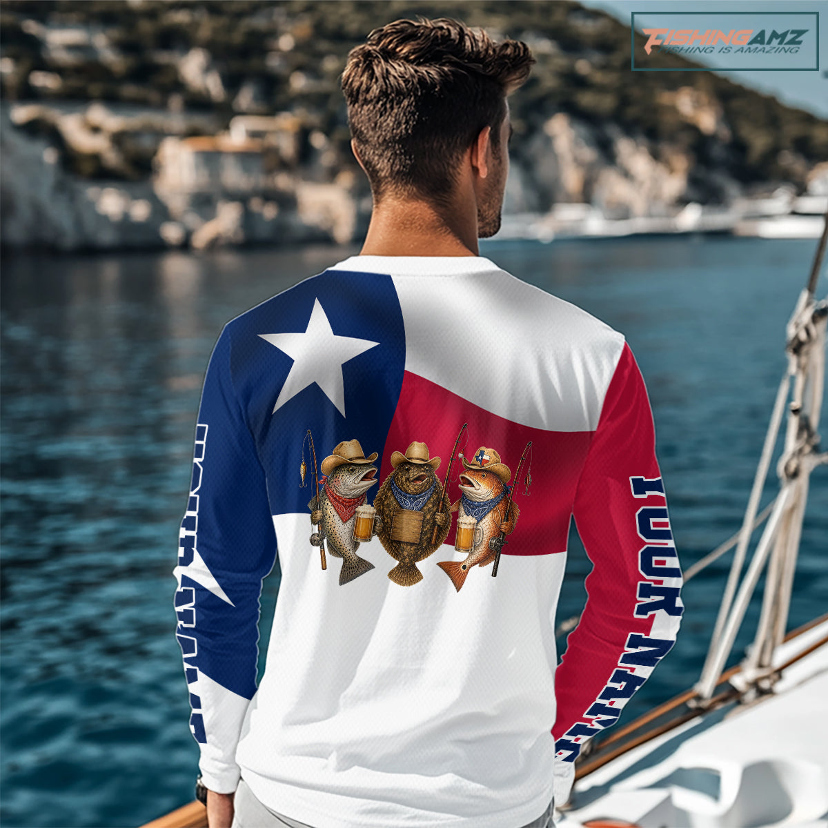 Funny Cowboy Trout, Flounder, Redfish Texas Flag Long Sleeve Fishing Shirts Apparel|White