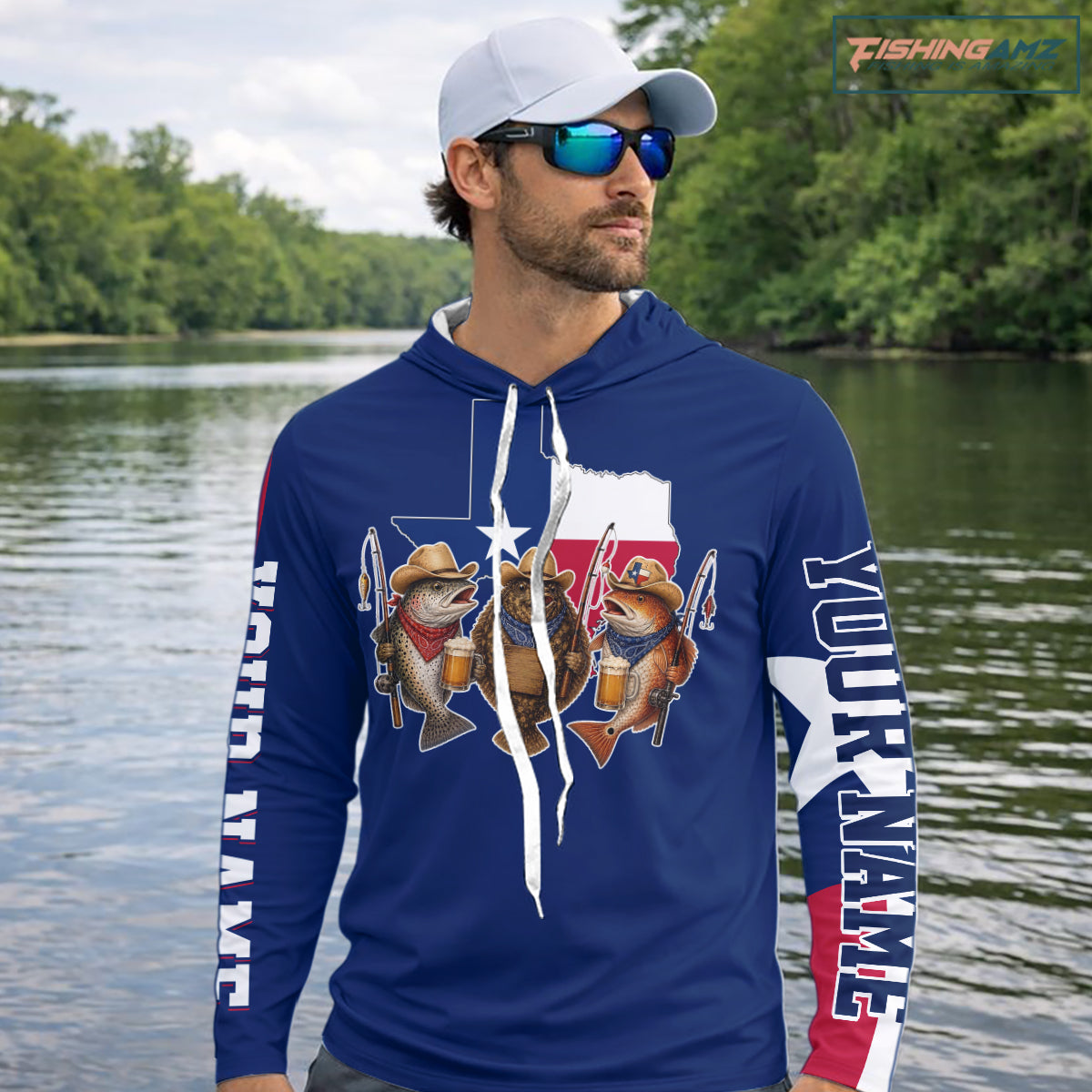Funny Cowboy Trout, Flounder, Redfish Texas Flag Long Sleeve Hooded Fishing Shirts Apparel|Blue