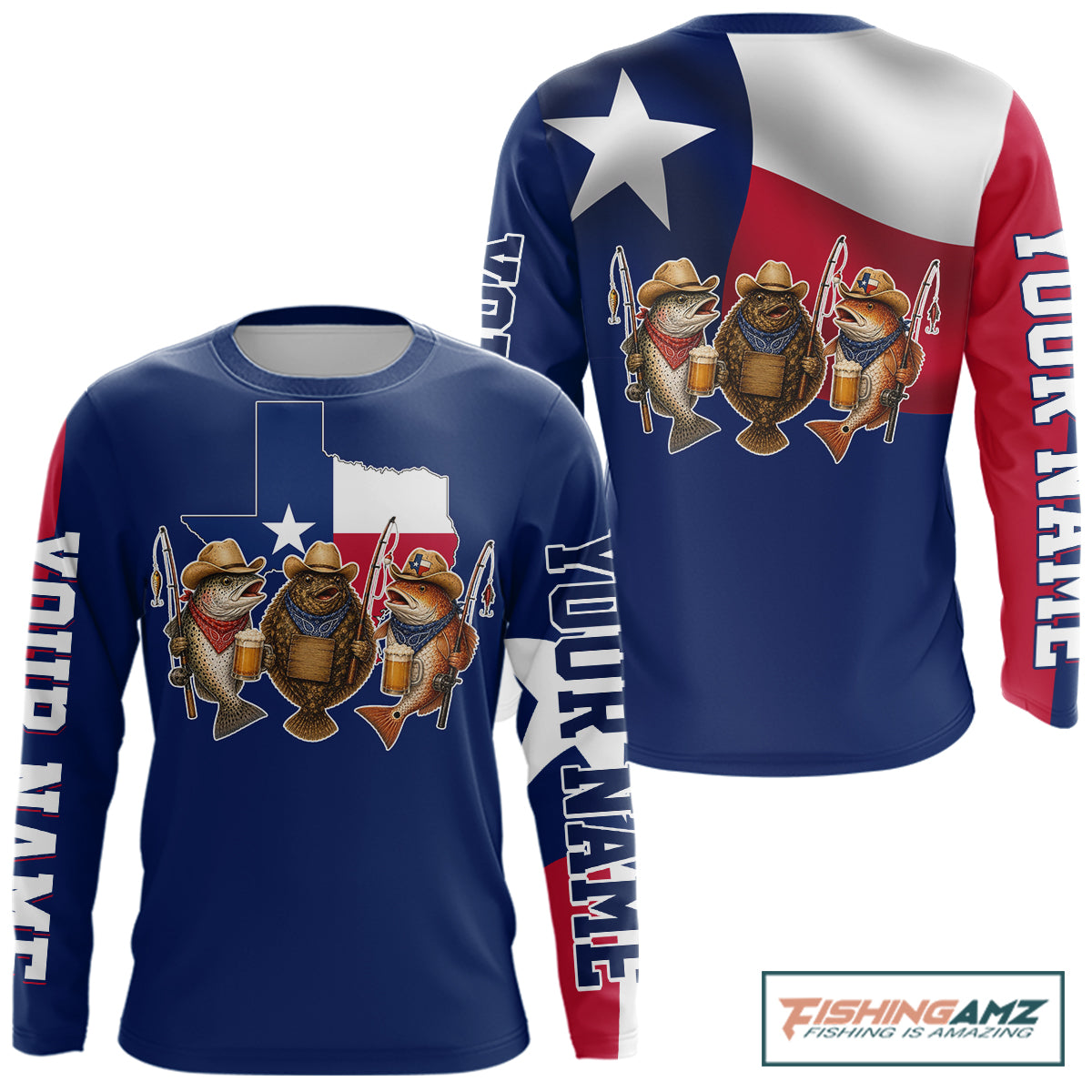Funny Cowboy Trout, Flounder, Redfish Texas Flag Long Sleeve Fishing Shirts Apparel|Blue