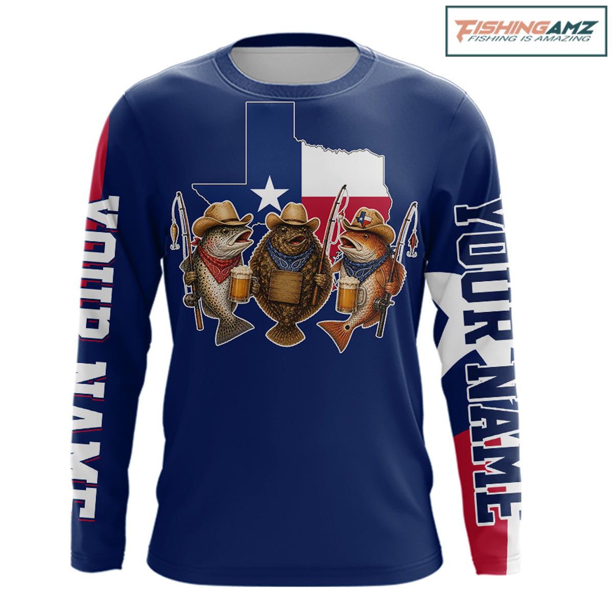 Funny Cowboy Trout, Flounder, Redfish Texas Flag Long Sleeve Fishing Shirts Apparel|Blue
