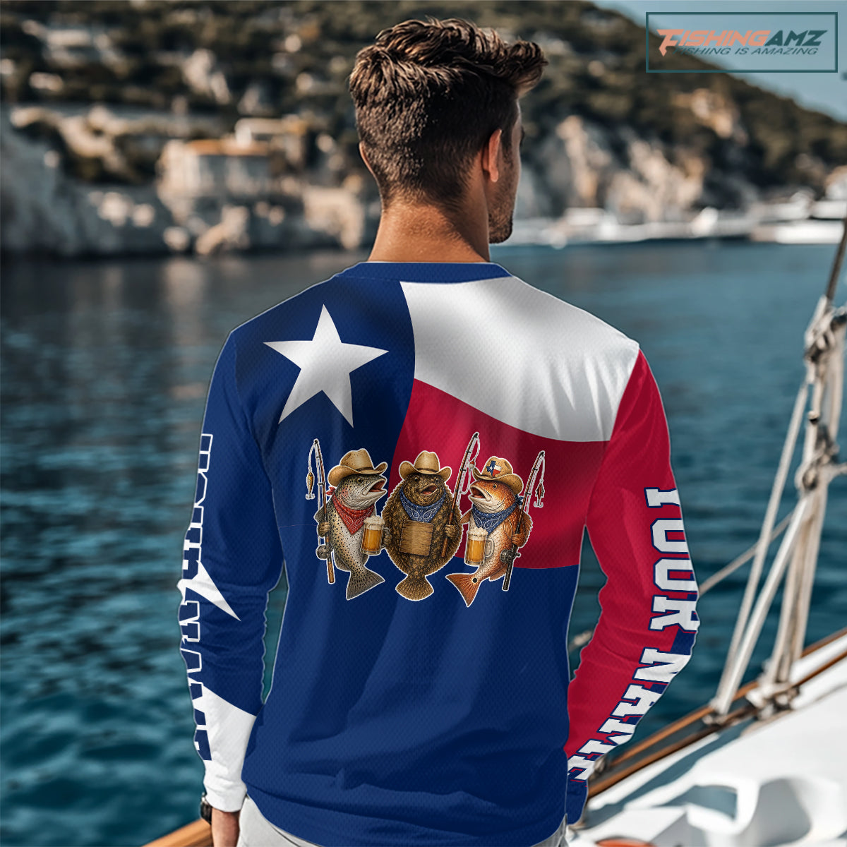 Funny Cowboy Trout, Flounder, Redfish Texas Flag Long Sleeve Fishing Shirts Apparel|Blue