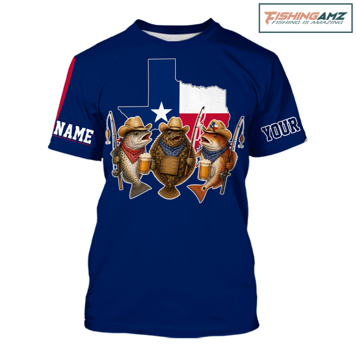 Funny Cowboy Trout, Flounder, Redfish Texas Flag Fishing Shirts T-Shirt Apparel|Blue