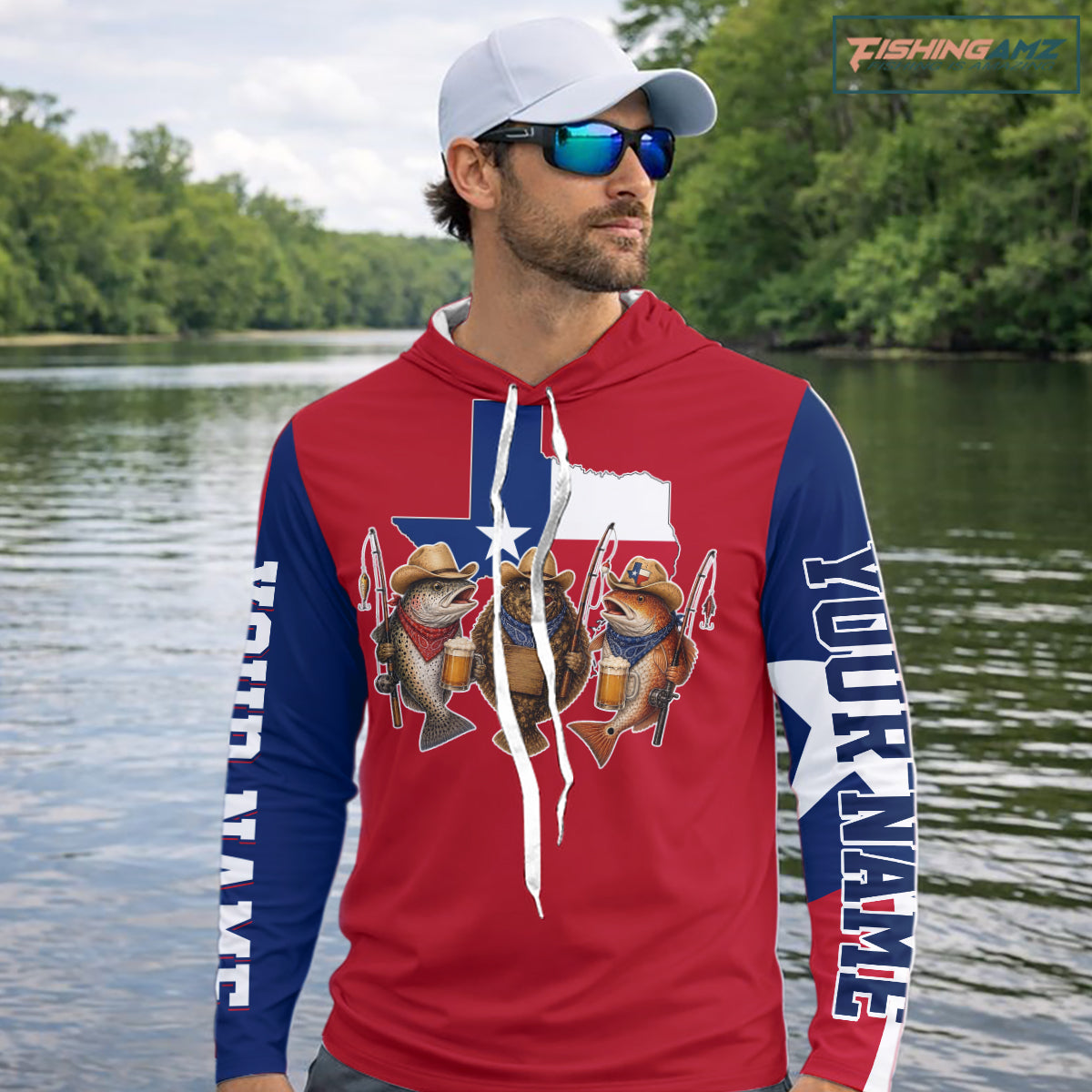 Funny Cowboy Trout, Flounder, Redfish Texas Flag Long Sleeve Hooded Fishing Shirts Apparel|Red