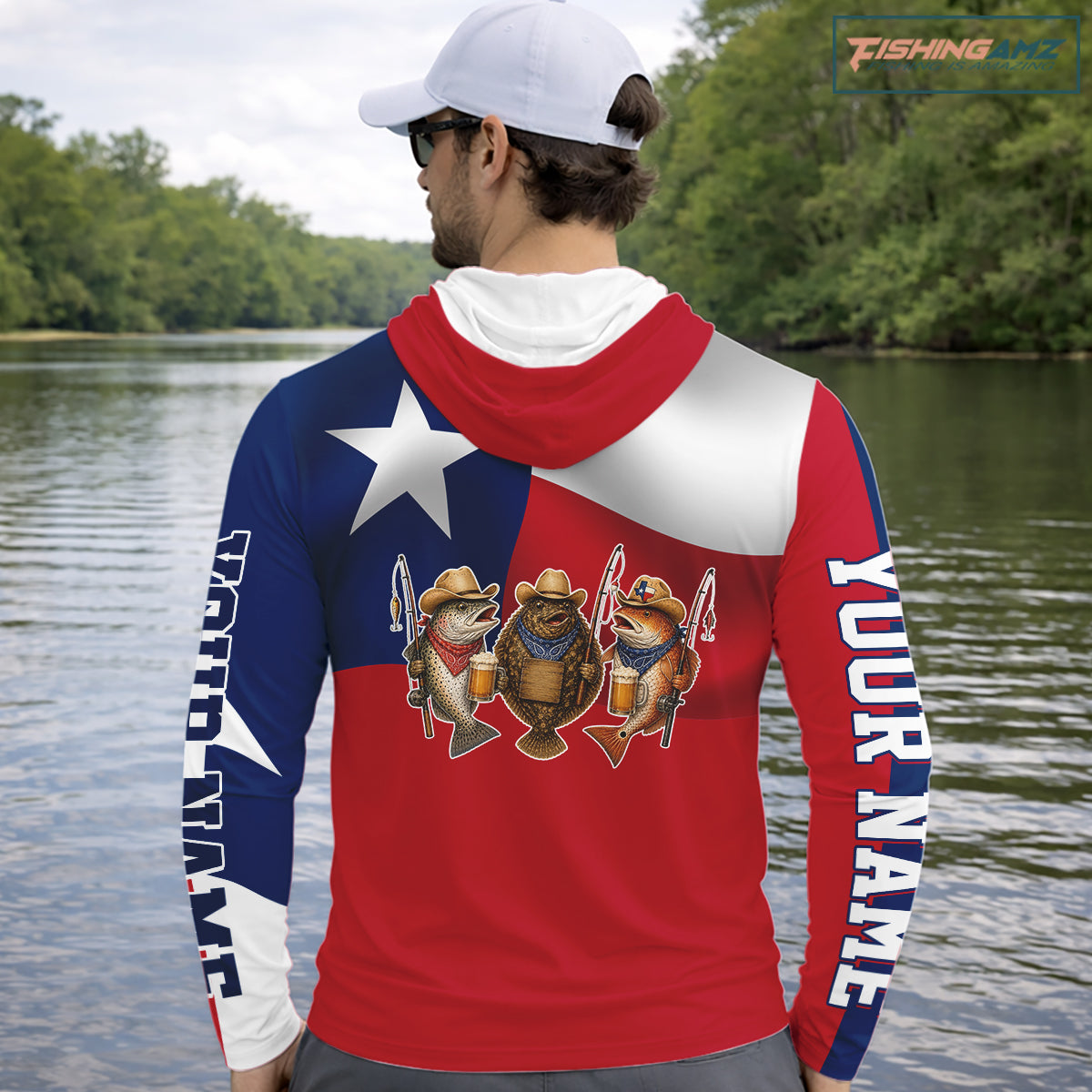 Funny Cowboy Trout, Flounder, Redfish Texas Flag Long Sleeve Hooded Fishing Shirts Apparel|Red
