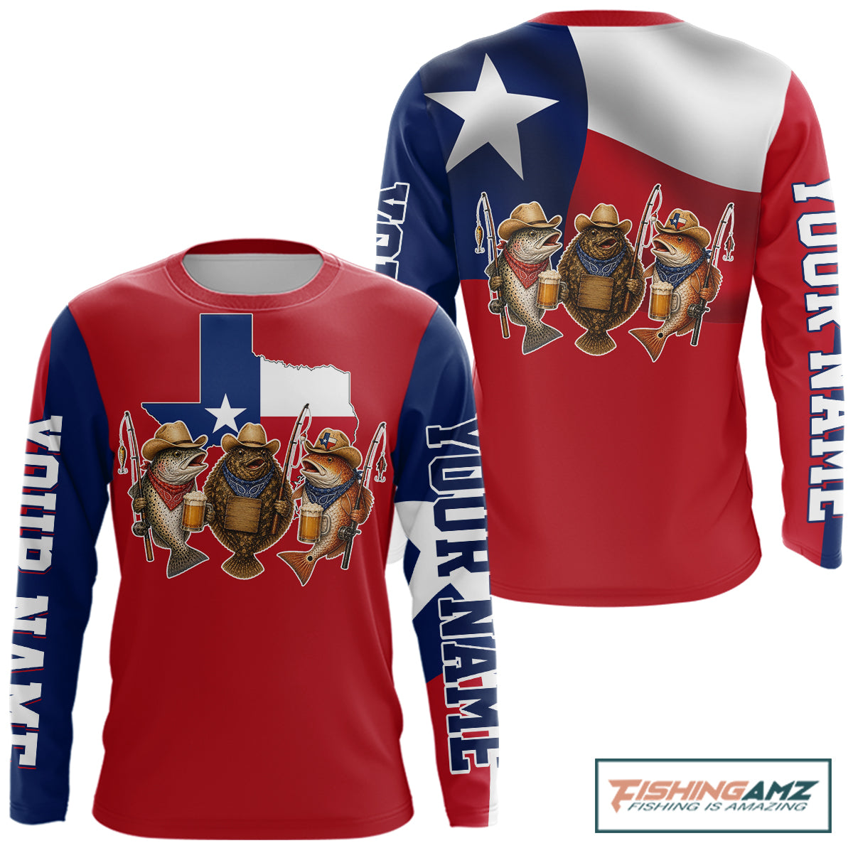 Funny Cowboy Trout, Flounder, Redfish Texas Flag Long Sleeve Fishing Shirts Apparel|Red