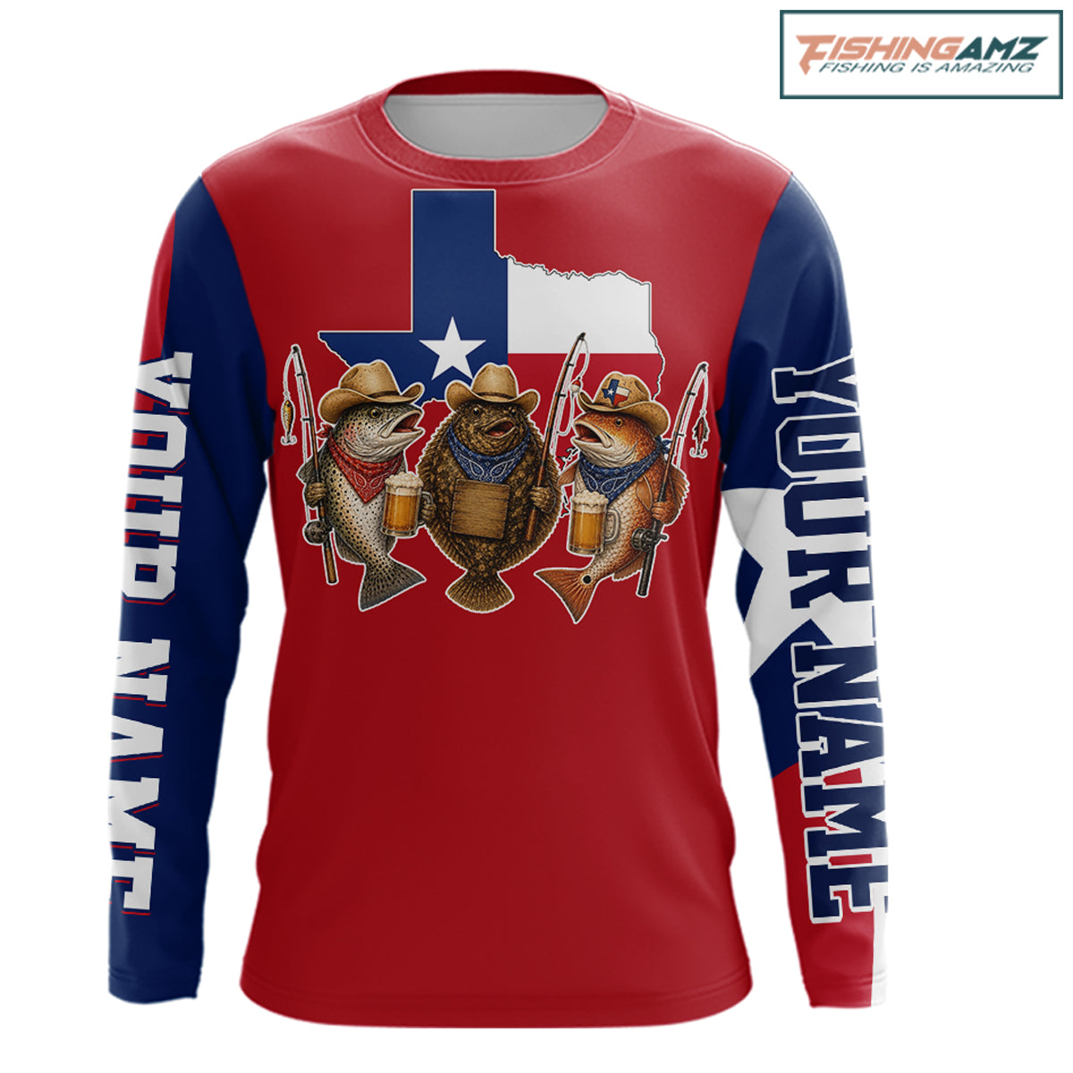Funny Cowboy Trout, Flounder, Redfish Texas Flag Long Sleeve Fishing Shirts Apparel|Red