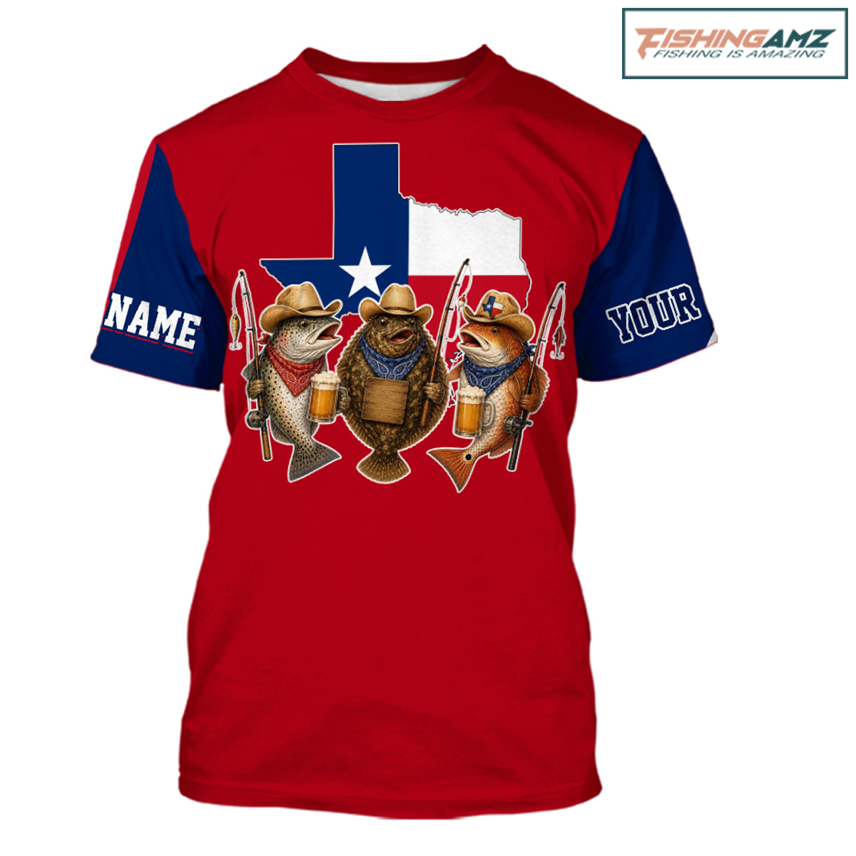 Funny Cowboy Trout, Flounder, Redfish Texas Flag Fishing Shirts T-Shirt Apparel|Red