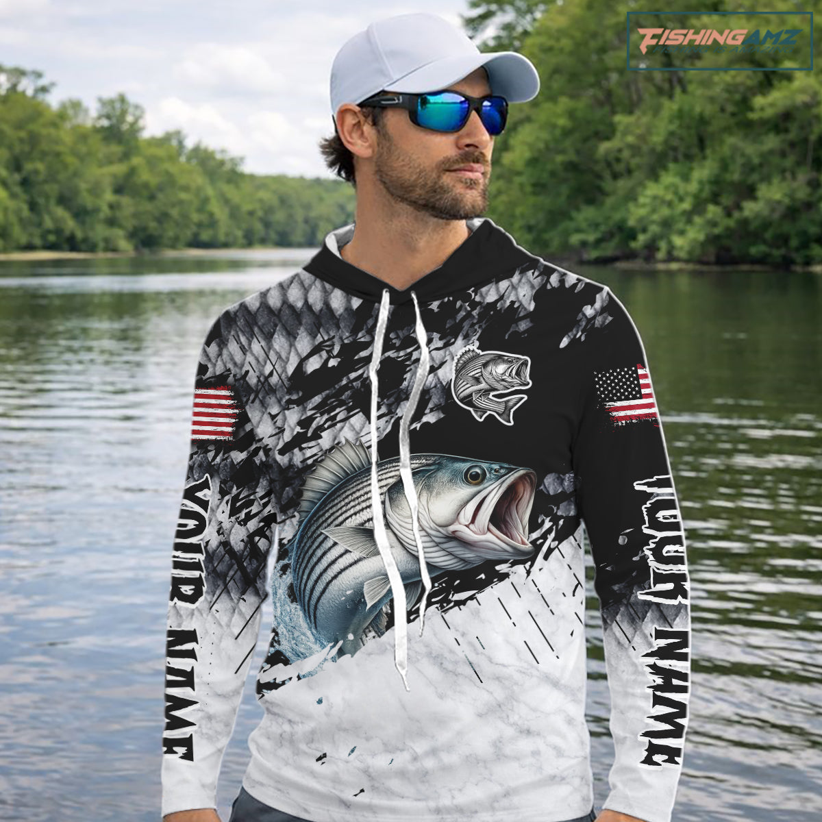 Custom striped bass saltwater fishing shirt, bass fishing jersey for men