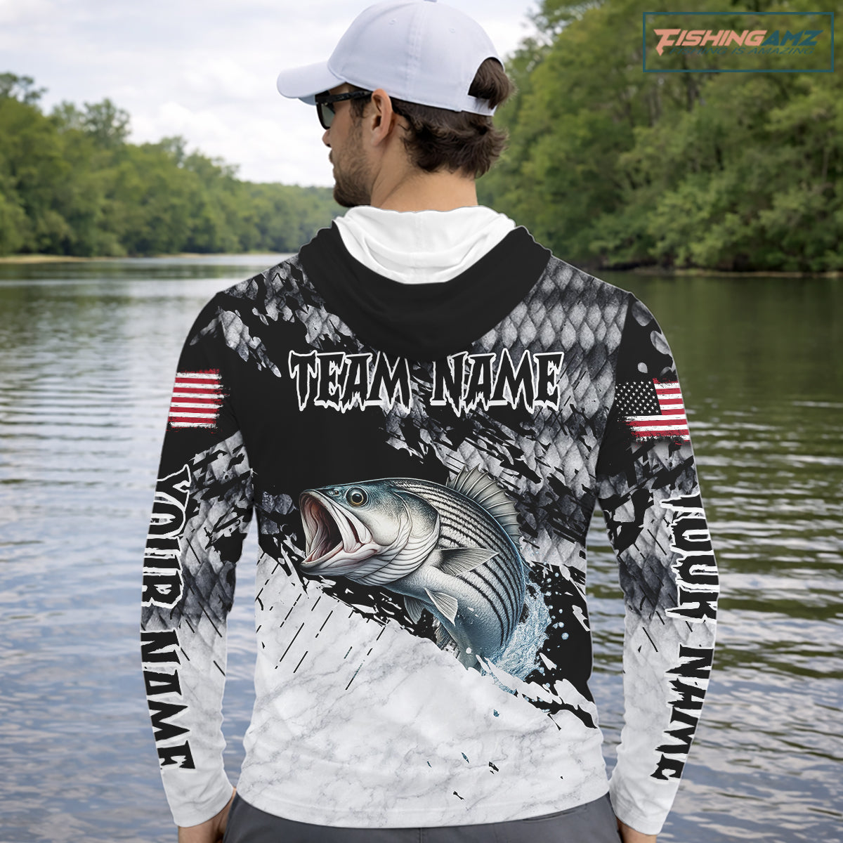 Custom striped bass saltwater fishing shirt, bass fishing jersey for men