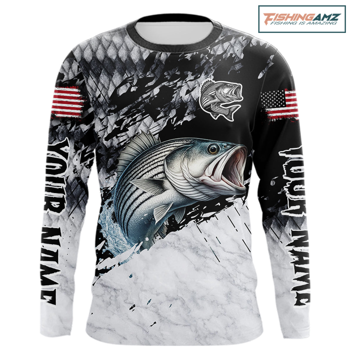 Custom striped bass saltwater fishing shirt, bass fishing jersey for men