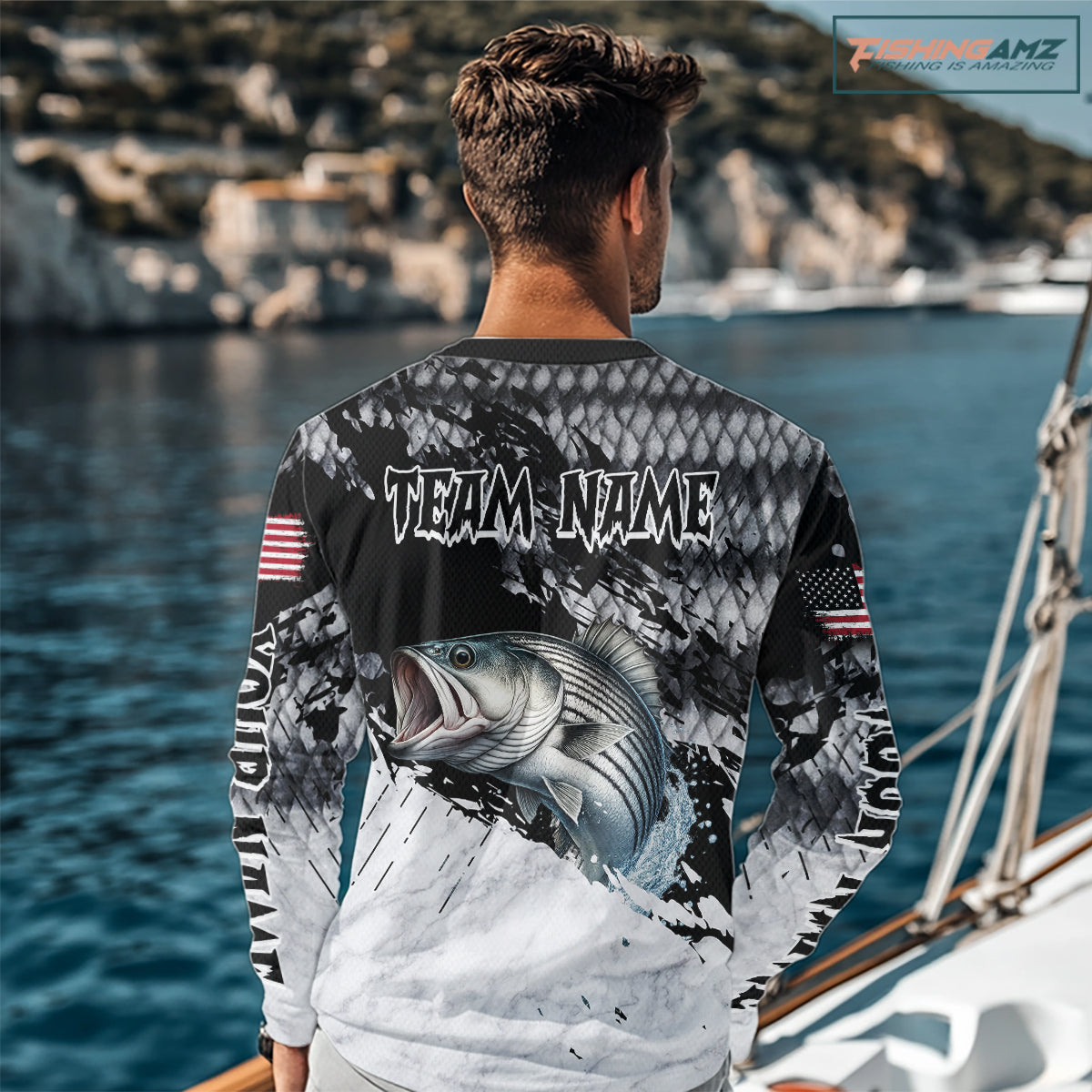 Custom striped bass saltwater fishing shirt, bass fishing jersey for men