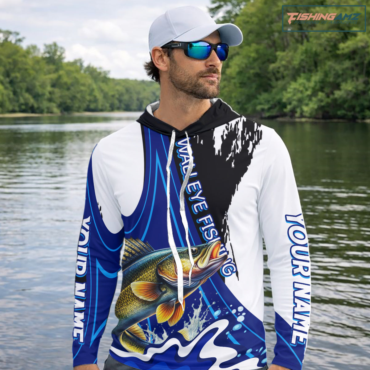 Walleye Fishing Jersey Personalized Name Hooded Fishing Shirt, Angler Tournament Fishing Apparel NHT871