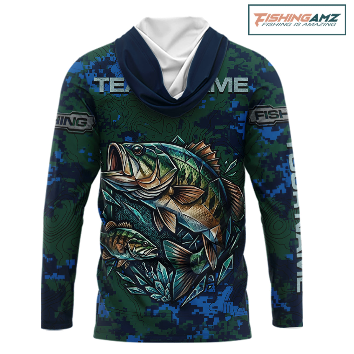 Green Camo Bass Fishing Shirt Long Sleeve Hooded , Bass Fishing Jersey, Performance Fishing Apparel