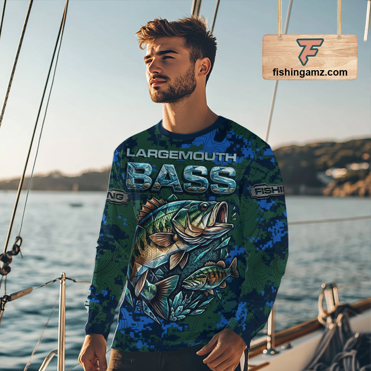 Green Camo Bass Fishing Shirt Long Sleeve, Bass Fishing Jersey, Performance Fishing Apparel NHT877