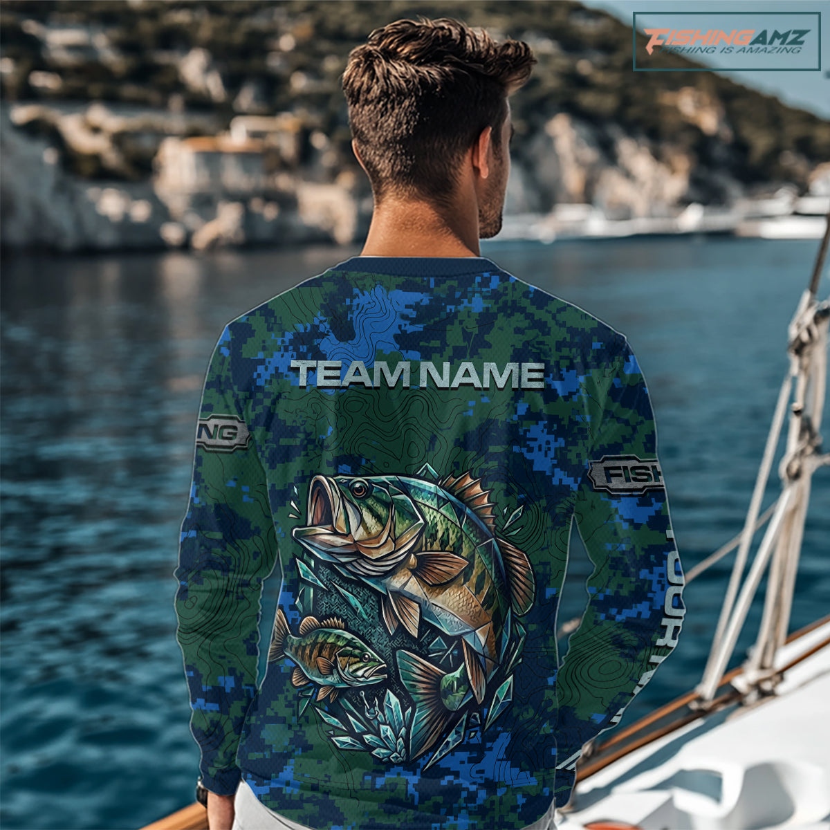 Green Camo Bass Fishing Shirt Long Sleeve, Bass Fishing Jersey, Performance Fishing Apparel NHT877