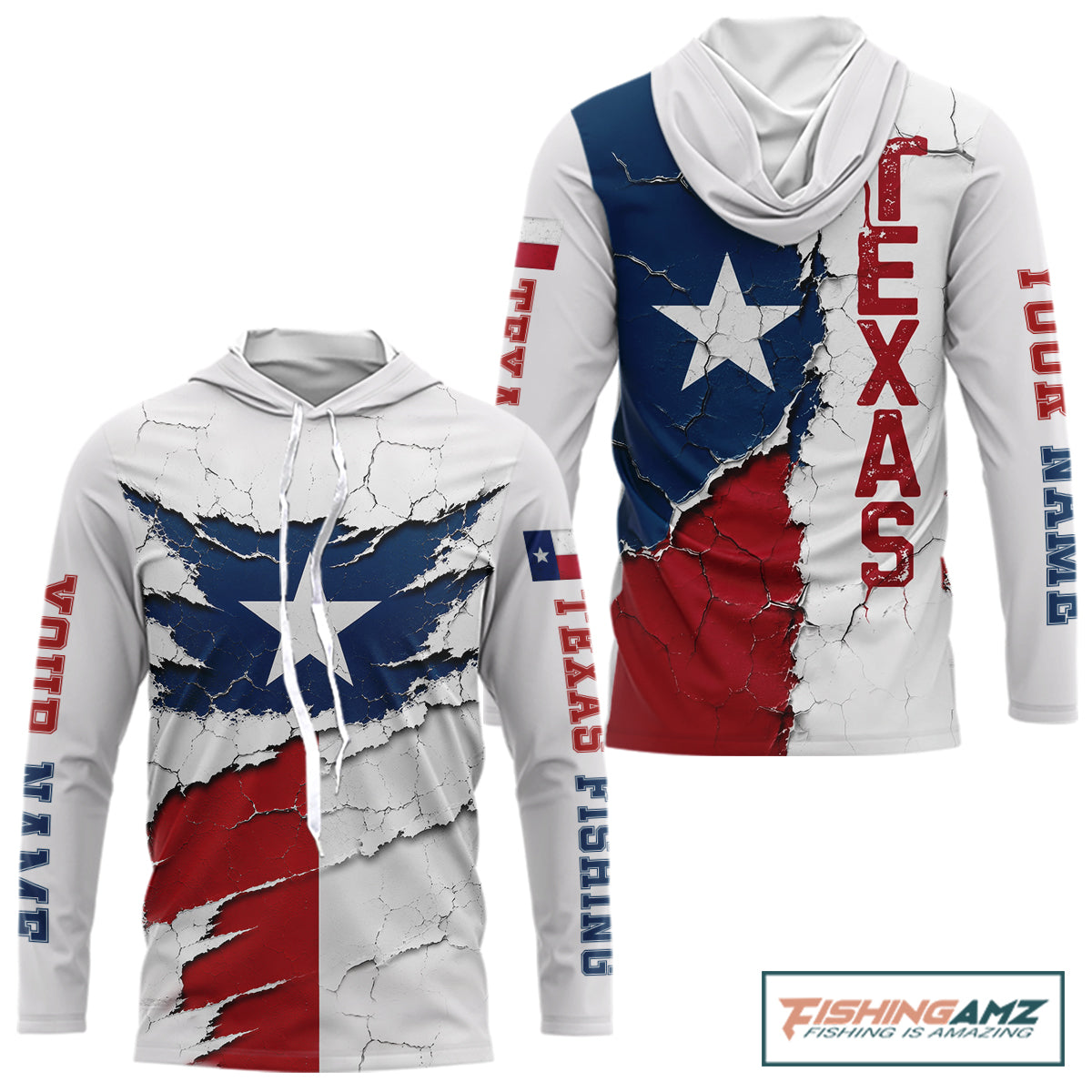 Texas Fishing Shirt Long Sleeve Hooded Patriotic Texas Flag UV Protection Fishing Apparel