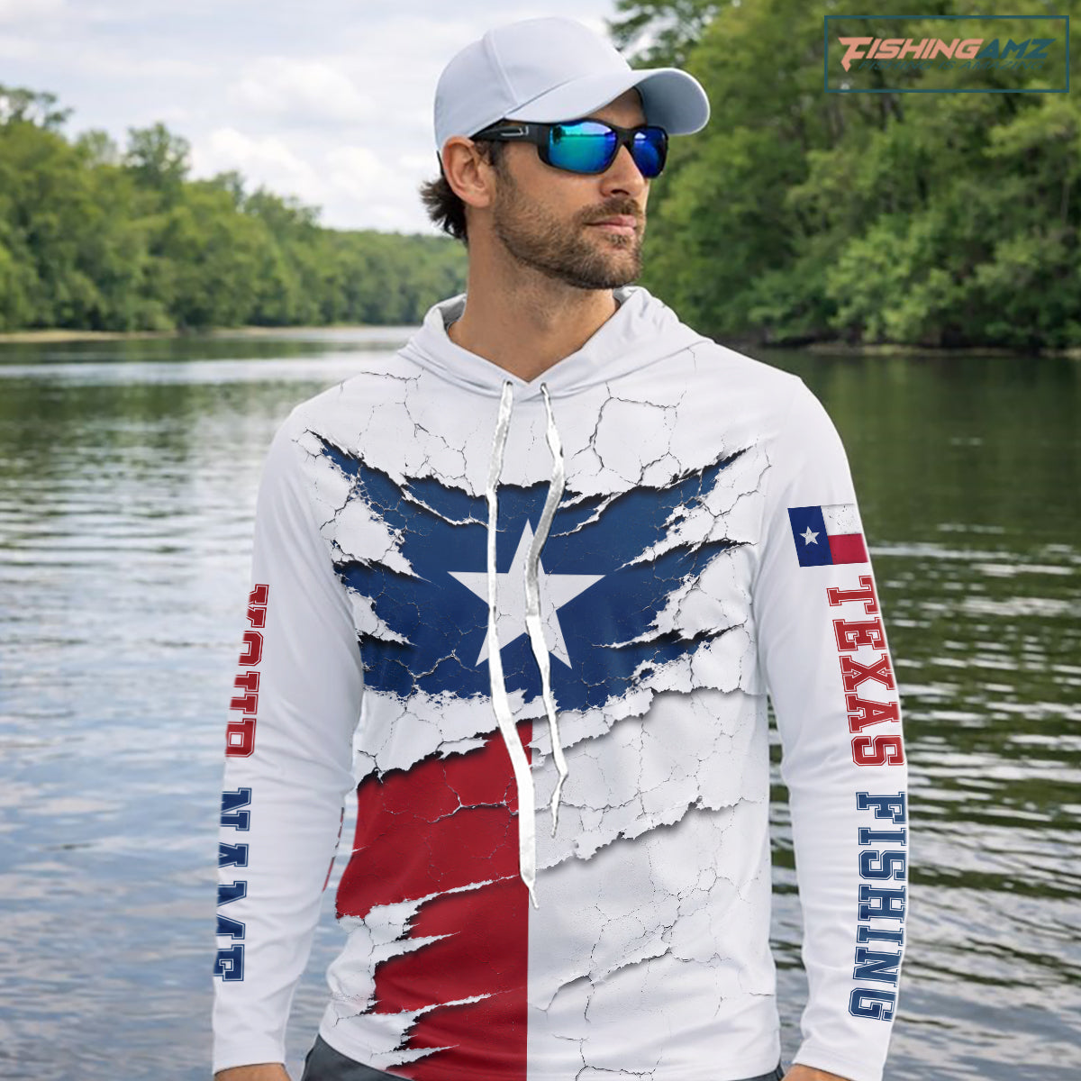 Texas Fishing Shirt Long Sleeve Hooded Patriotic Texas Flag UV Protection Fishing Apparel