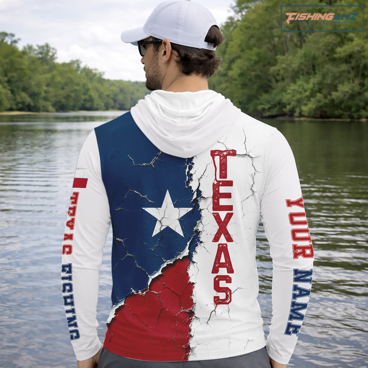 Texas Fishing Shirt Long Sleeve Hooded Patriotic Texas Flag UV Protection Fishing Apparel