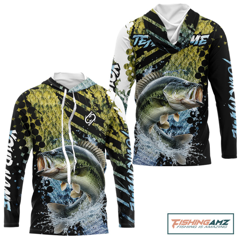 Bass Fishing Shirts Long Sleeve Hooded Dark Water Art Style Personalized Name, Fishing Gift NHT405