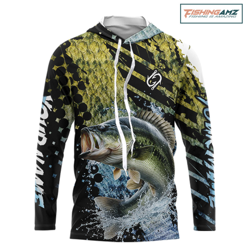 Bass Fishing Shirts Long Sleeve Hooded Dark Water Art Style Personalized Name, Fishing Gift NHT405