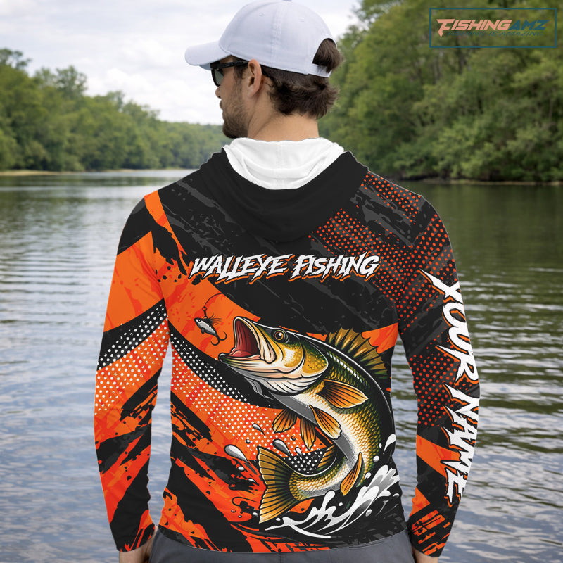 Personalized Walleye Fishing Long Sleeve Hooded Tournament Shirt For Men, Performance Fishing Shirt NHT461