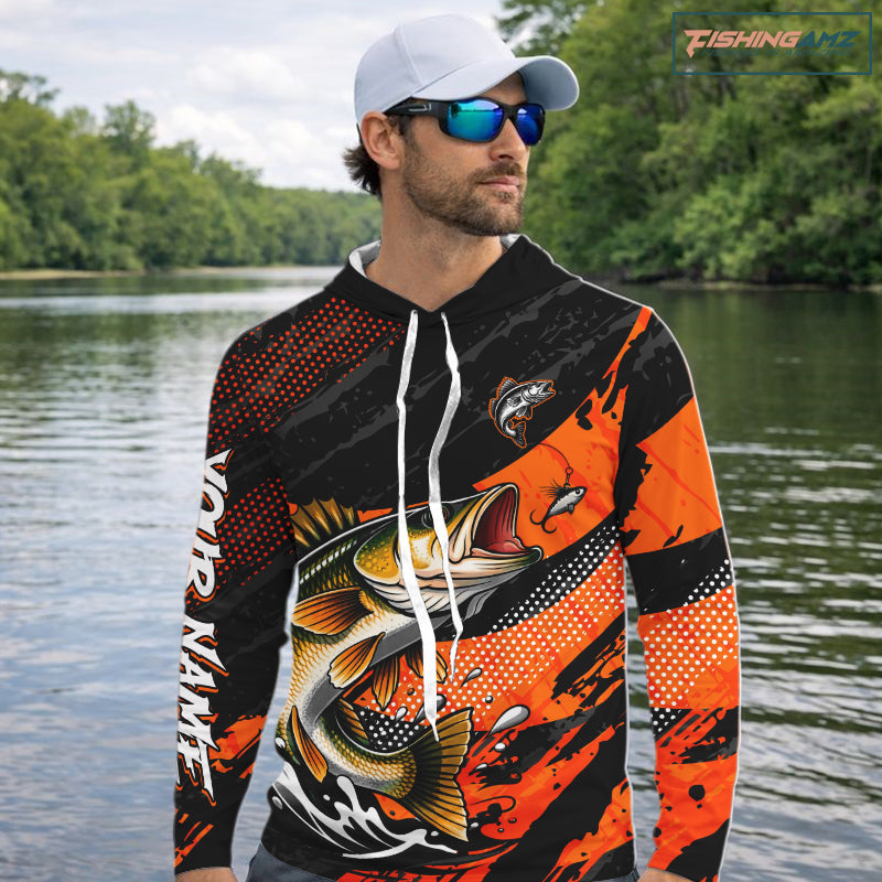 Personalized Walleye Fishing Long Sleeve Hooded Tournament Shirt For Men, Performance Fishing Shirt NHT461