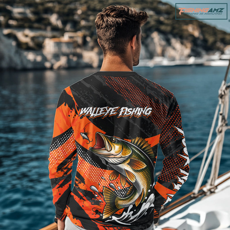 Personalized Walleye Fishing Long Sleeve Tournament Shirt For Men, Performance Fishing Shirt NHT461