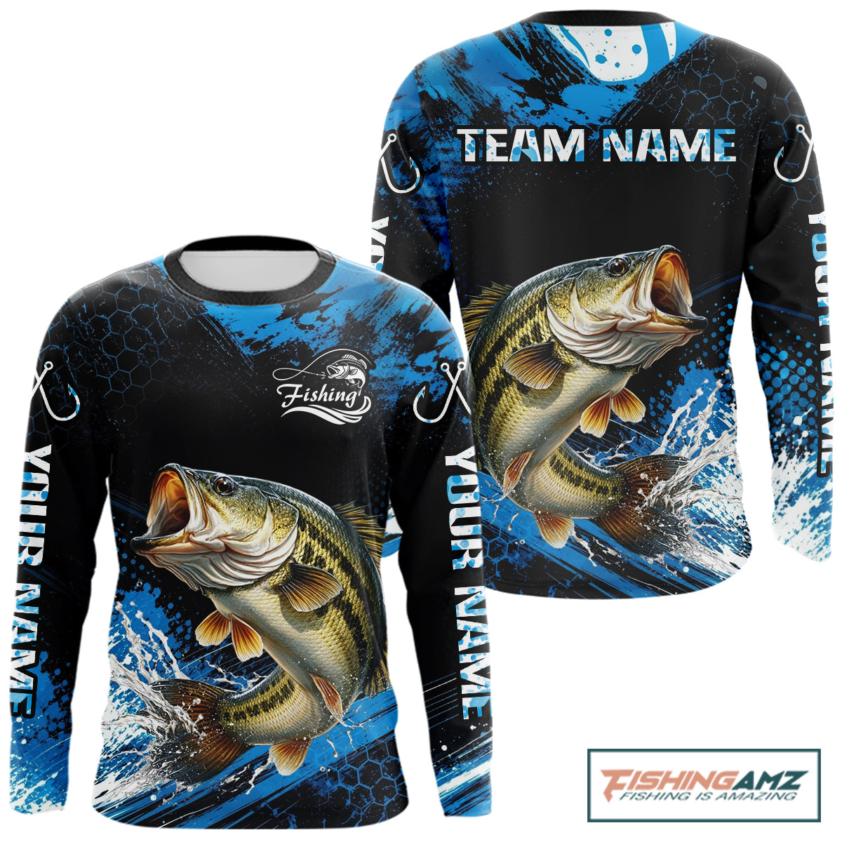 Back view of custom bass fishing shirt made from breathable polyester with UPF 30+ sun protection.