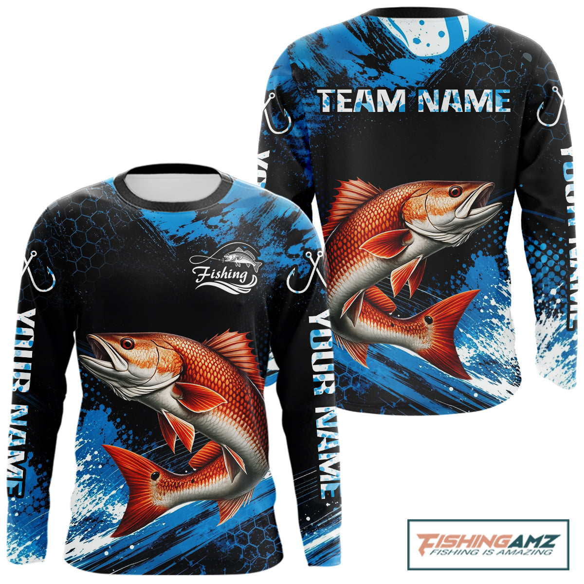 Back view of custom redfish fishing shirt made from breathable polyester with UPF 30+ sun protection.