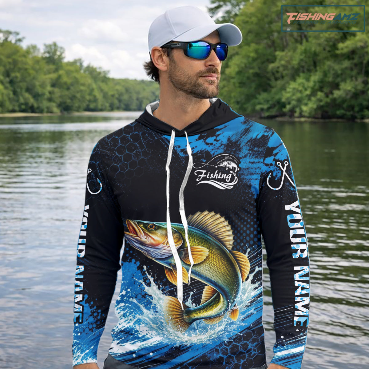Custom Walleye Fishing Jersey, Personalized Team Name Long Sleeve Hooded Performance Fishing Shirt For Men NHT1226