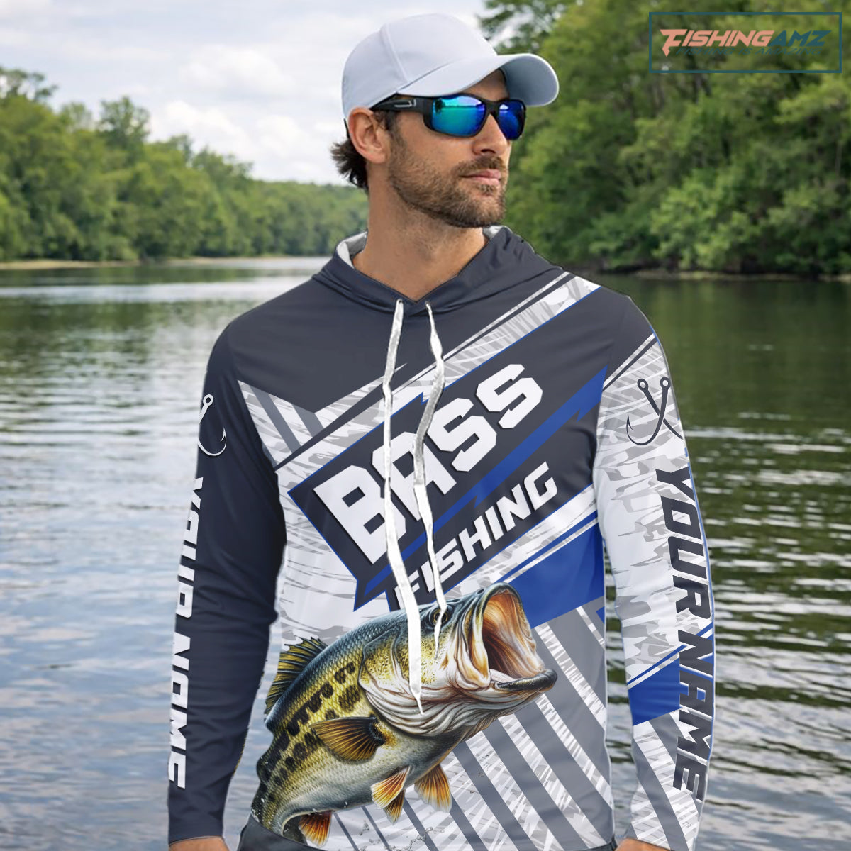 Personalized Bass Fishing Jerseys For Fishing Team, Largemouth Bass Hooded Fishing Shirt Long Sleeve NHT918