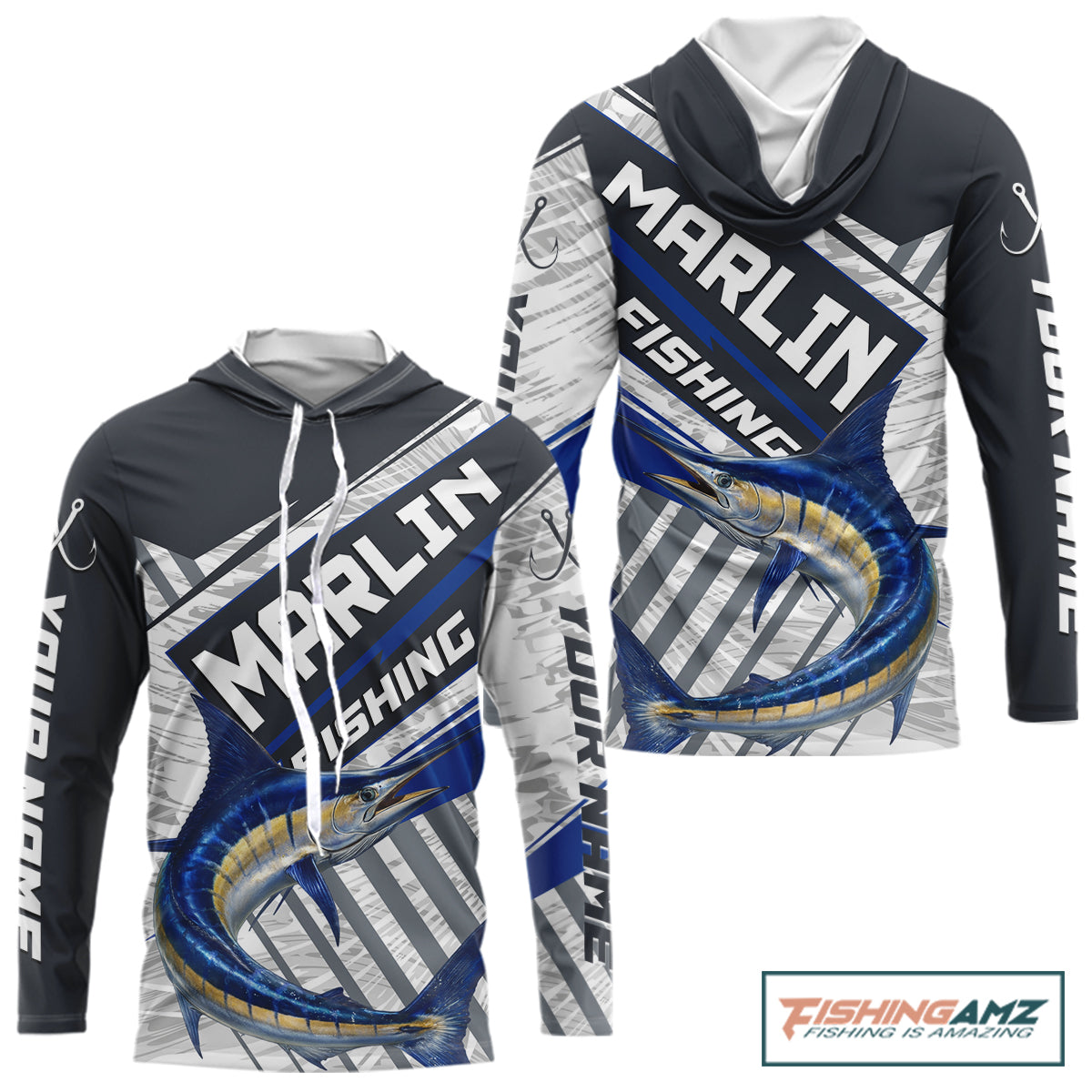 Personalized Marlin Fishing Jerseys For Fishing Team, Marlin Hooded Fishing Shirt Long Sleeve NHT919