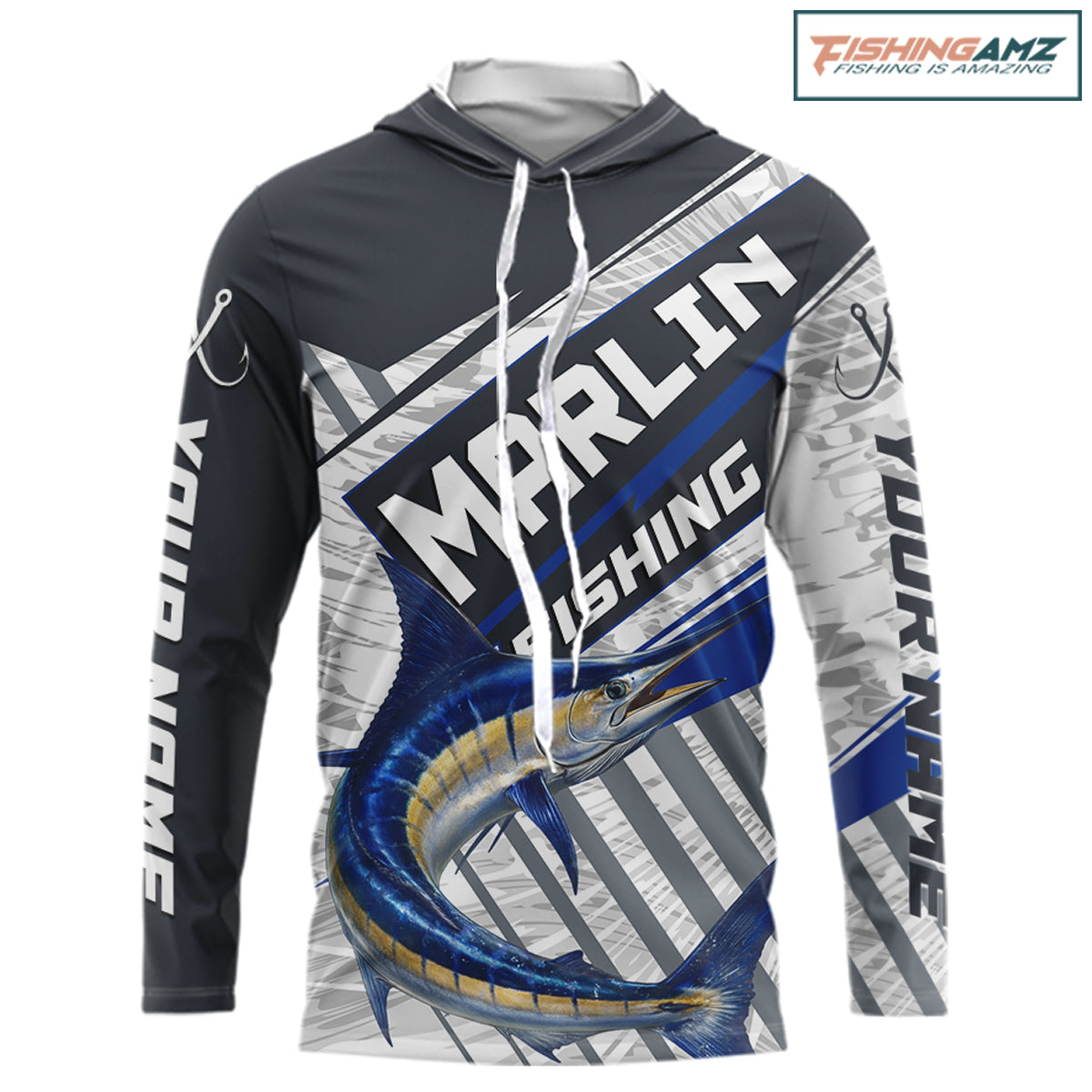 Personalized Marlin Fishing Jerseys For Fishing Team, Marlin Hooded Fishing Shirt Long Sleeve NHT919