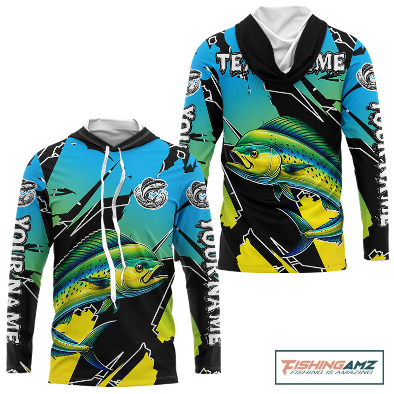 Personalized Mahi Mahi Fishing Shirts Long Sleeve Hooded Custom Team Name, Fishing Jersey For Men NHT479
