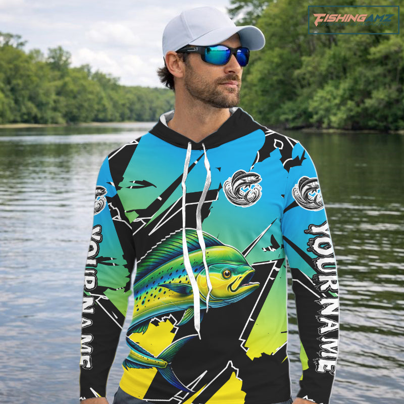 Personalized Mahi Mahi Fishing Shirts Long Sleeve Hooded Custom Team Name, Fishing Jersey For Men NHT479