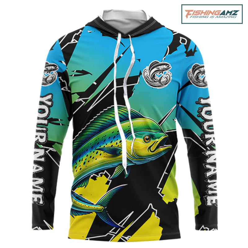 Personalized Mahi Mahi Fishing Shirts Long Sleeve Hooded Custom Team Name, Fishing Jersey For Men NHT479