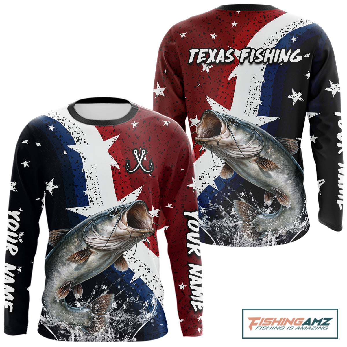 Personalized Texas Flag Catfish Fishing Shirt Jerseys, Texas Catfish Fishing Shirts Long Sleeve For Men NHT760