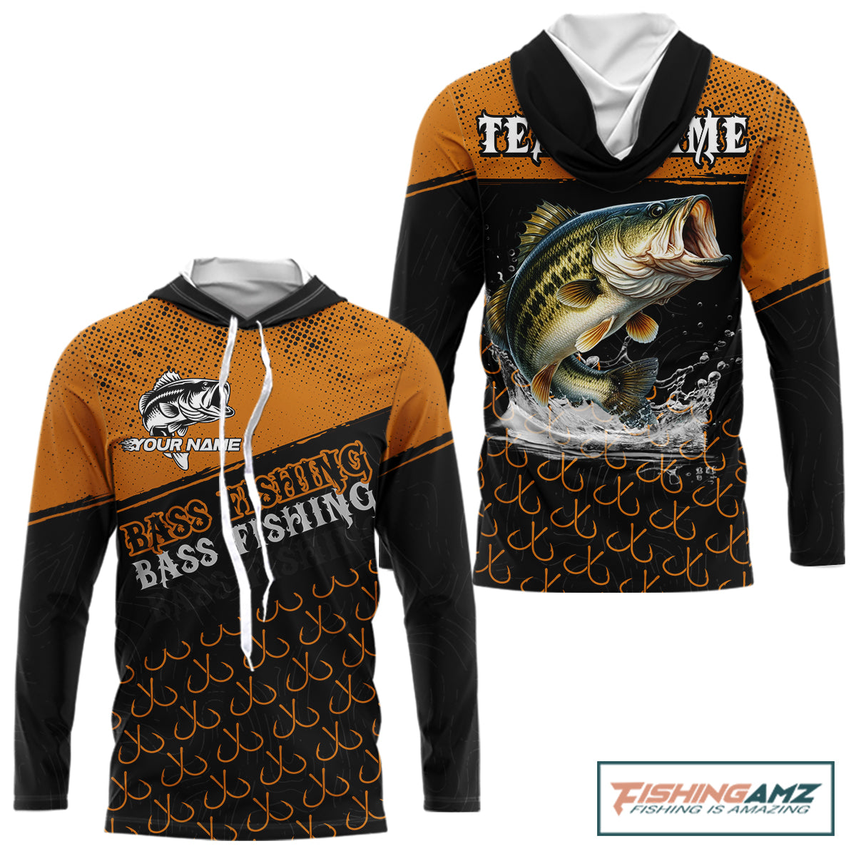 Personalized Largemouth Bass Fishing Jerseys, Orange Bass Fishing Shirts Long Sleeve Hooded Tournament Shirts NHT567