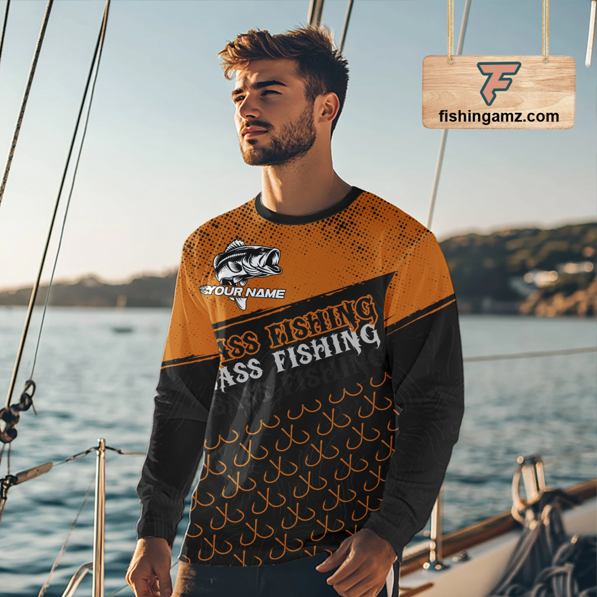 Personalized Largemouth Bass Fishing Jerseys, Orange Bass Fishing Shirts Long Sleeve Tournament Shirts NHT567
