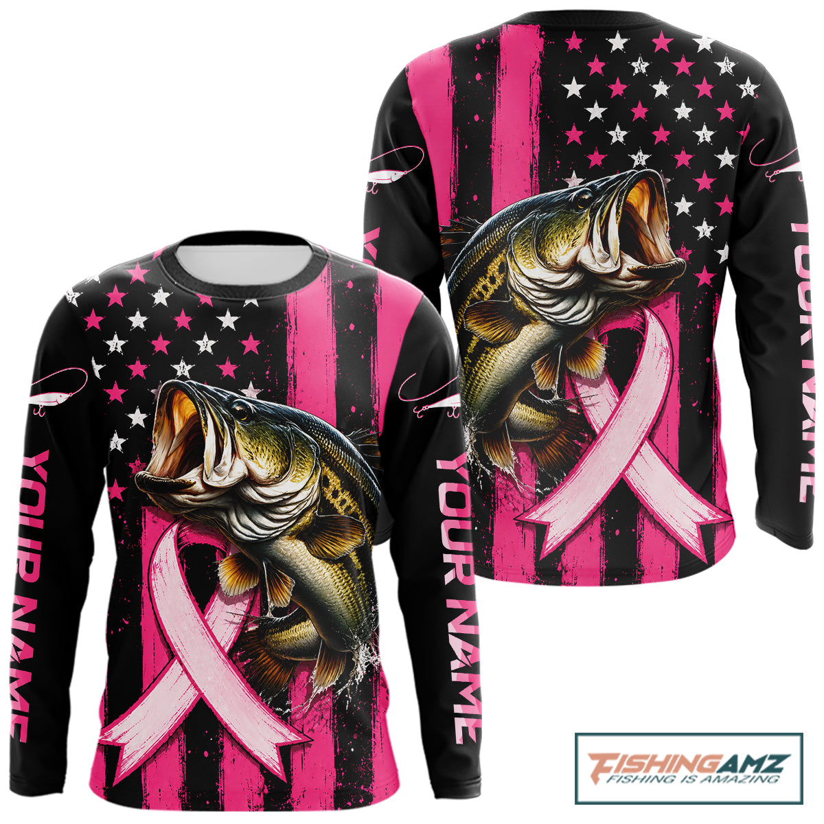 Front and back views of a long-sleeve graphic shirt on a white background. The shirt features a large fishing bass over a pink ribbon on a black and pink striped design with a US flag pattern on the upper back.